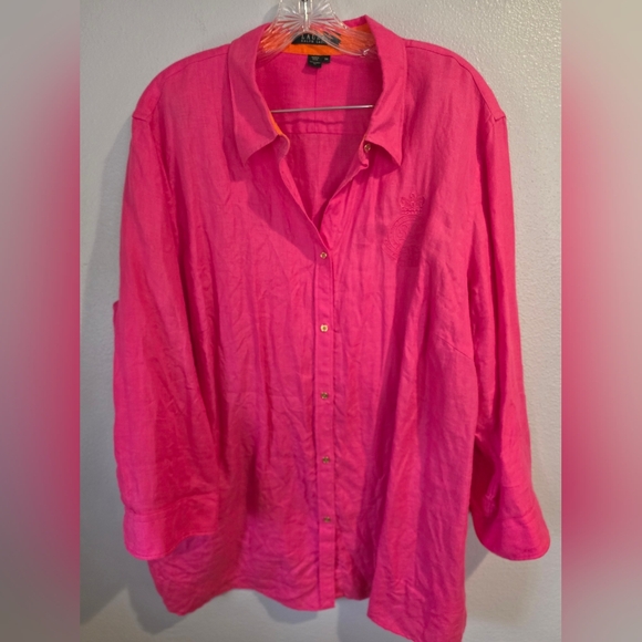 Lauren Ralph Lauren Womens Button Front Tunic Top Neon Pink  100% Linen 3X - Picture 2 of 8